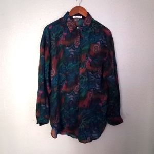 Punch Vintage L Silk Button Down Volcano Sun Pattern Top Blouse Turquoise Tan